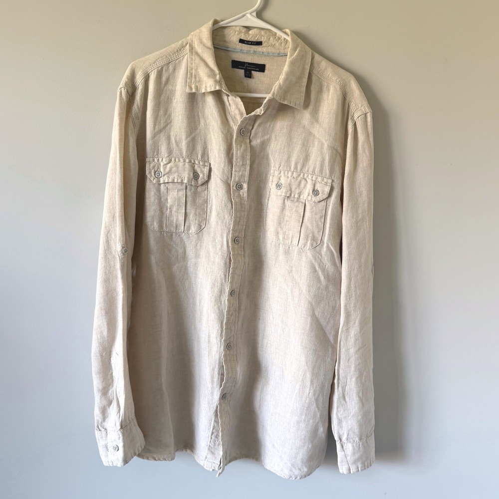 Marc Anthony Mens XL Slim Fit 100% Linen Long Sleeve Button Down Shirt Beige